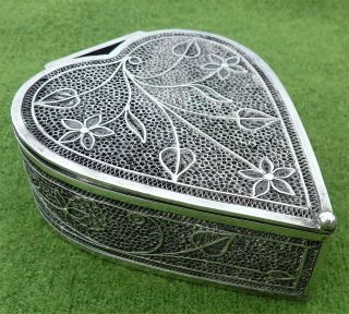 Heart Shaped Vintage Continental Silver Filigree Box - Estate 3.  85 Ozt