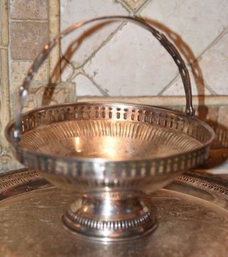 Vintage Antique Silver Plate Brass Bridal Bride Basket Bowl Dish Ribbed Pierced 2