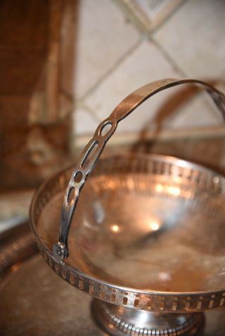 Vintage Antique Silver Plate Brass Bridal Bride Basket Bowl Dish Ribbed Pierced 4
