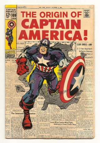 Marvel Silver Age Comic: Captain America 109,  Jan.  1969,  Origin Story,  Vg 4.  0
