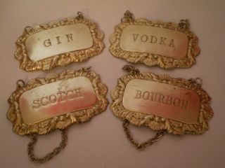Vintage Set Of Four Silver Plated ? Decanter Labels,  Scotch,  Vodka,  Bourbon,  Gin