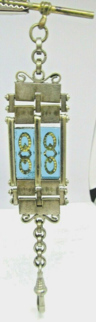 Antique Victorian Plated Silver Albert Albertina Pocket Watch Chain Blue Glass.