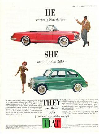 Vintage Automobile Print Car Ad Fiat 1200 Spider Fiat 600 He She Wanted 1961 Ad