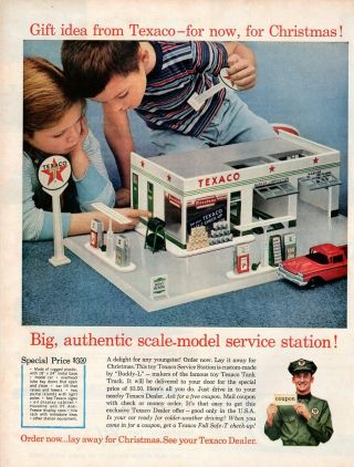 Vintage Advertising Print Car Gas Oil Texaco Toy Model Service Station Play 1960