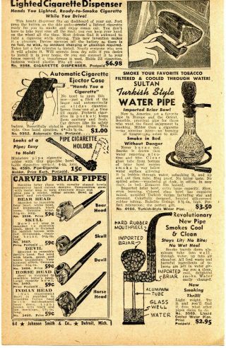 1950 Print Ad Carved Briar Pipes,  Turkish Style Water Pipe,  Cigarette Dispenser