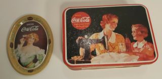 Drink Coca - Cola Tin And Vintage Small 6 " 1973 Coca Cola Coke Lady Oval Metal Tip