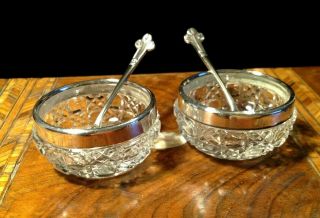 Antique Salts Pair Solid Silver Rim And Cut Glass With Spoons Miller Bros 1908