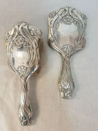 Art Nouveau Era Antique Matching Sterling Silver Hair Brush And Mirror 1907