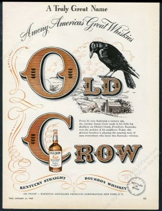 1949 Old Crow Bourbon Whiskey Black Bird & Distillery Art Vintage Print Ad