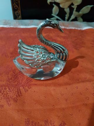 Vintage Sterling Silver Swan With Crystal Glass,  Two Sections,  Salt And Pepper.