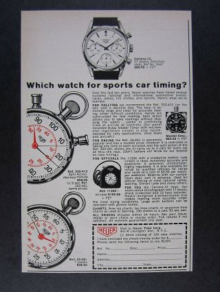 1965 Heuer Carrera - 12 Watch Auto Racing Stopwatches Vintage Print Ad