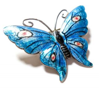 Large Vintage Or Antique Silver & Enamel Butterfly Brooch Af