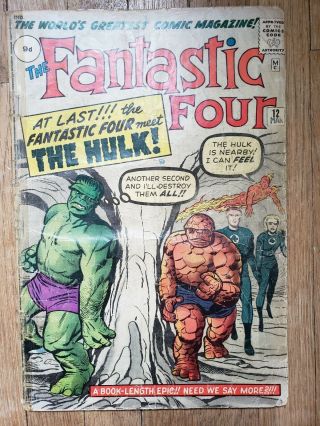 Fantastic Four 12,  1st Hulk Vs Thing.  Silverage Marvel 1963.  Low Grade