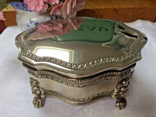 Vintage Silver Plated Lidded Trinket Jewellery Box With Lion Head Claw Feet