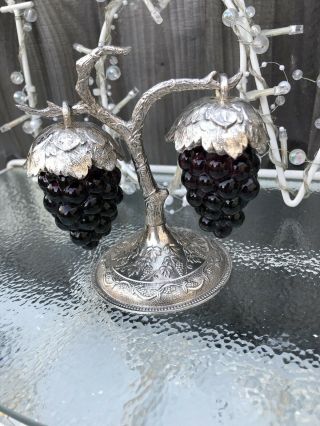 Vintage Taj Amethyst Glass Hanging Grapes Metal Tree Salt & Pepper Shakers