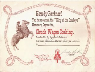 Roy Rogers Restaurant Chuck Wagon Cooking Certificate 4/19/1977