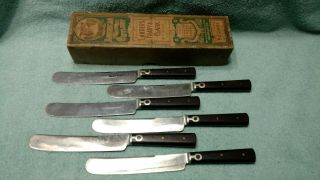 6 Landers Frary & Clark Table Knives Knife Aetna Silver Inlay Orig Box