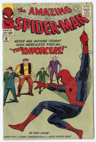 Spider - Man 10 G/vg 3.  0 Ow/white Pages 1st App.  Enforcers Marvel 1964