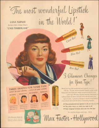 1947 Vintage Cosmetics Ad Max Factor Hollywood Lipstick W/ Lana Turner 110617