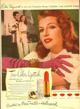 1945 Cosmetics Ad Max Factor Hollywood Tru - Color Lipstick,  Rita Hayworth 083118