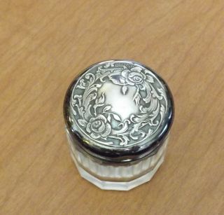 Vintage Glass Pill Jar W/ Sterling Silver Lid Ornate