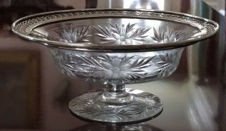 Vintage Antique Etched Glass Candy Nut Dish Compote Pierced Sterling Silver Rim