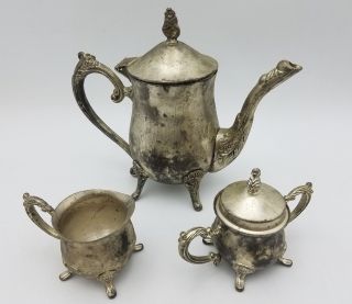Silverplate Mini Coffee Pot Tea Pitcher Sugar Creamer Bowl Lid Feet Ornate Set 3