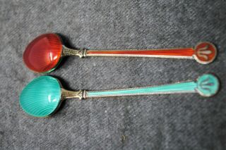 Pair David Andersen Sterling Green Red Enamel Demitasse Spoons Norway 4