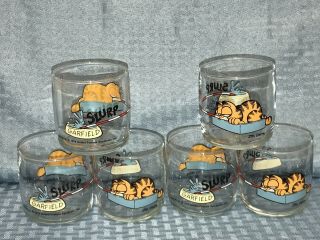 Vintage 1978 Garfield Cat Slurp 3” Inch Tall Drinking Glass Set Of 6 Made In Usa