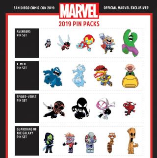 Sdcc 2019 Skottie Young Marvel Avengers X - Men Spider - Verse Guardians Pin Packs