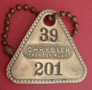 Vintage Tool Check Brass Tag: Chrysler Engine Michigan Factory W/ Keychain