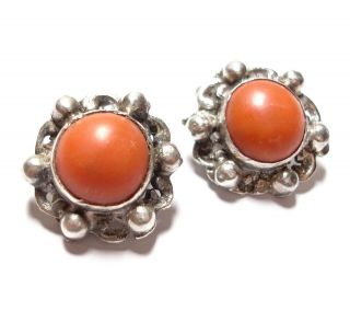 Vintage Or Antique Silver & Large Coral Earrings