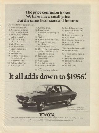 1972 Toyota Corolla 2 Door Sedan List Of 39 Features Vintage Photo Print Ad