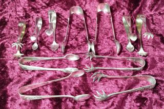 Job 11 Pairs Of Vintage/ Antique Silver Plated Sugar Nips Tongs - Some Claw Ones