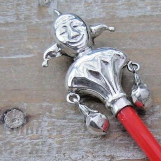 Birmingham Hm Sterling Silver Jester Baby Babies Rattle With Coral Teether