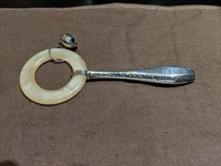 Antique Baby Rattle Sterling Silver Handle And Bell With Mother Of Pearl Teether