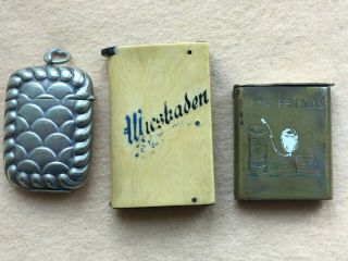 Three Antique Vesta Cases Circa 1900 Silver Plate,  Enamel,  Vulcanite