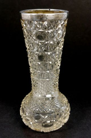 Antique Victorian Cut Glass Bud Vase Sterling Silver Collar 1900 London Hallmark