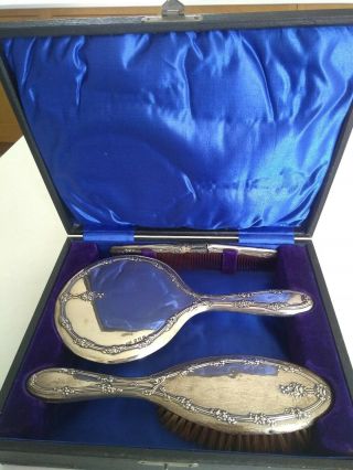 Jones & Crompton Cased Solid Silver Mirror Brush Dressing Set - Birmingham 1916