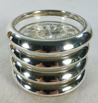 Set Of 4 Rogers Sterling Silver And Glass Coasters