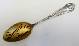Large Antique Sterling & Enamel Souvenir Spoon Sioux City With Indian Handle