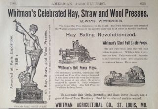 1891 Ad (1800 - 40) Whitman Agricultural Co.  St.  Louis.  Hay,  Straw,  Wool Presses