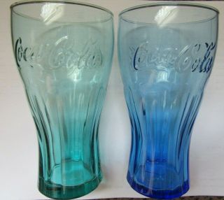 Libby Blue Aqua Coke Coca - Cola 16oz Drinking Glasses Set Of 2 Tumblers