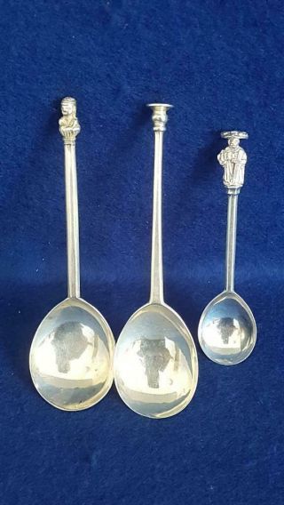 3 X 1920s - 30s H/m Sterling Silver Spoons W Seal,  Apostle & Mary Tops