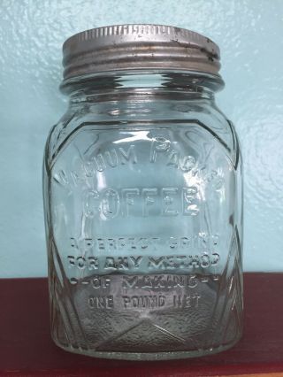 Vintage Vacuum Packed Coffee Heavy Square 1 Pound Glass Jar
