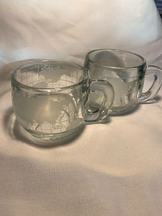 2 Vintage Nestle Nescafe Etched Clear Glass World Globe Map Coffee Mugs/cups Euc