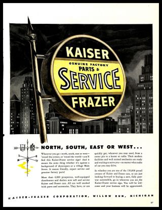 1948 Kaiser Frazer Car Service Sign Vintage Print Ad City Skyscrapers Night 40s