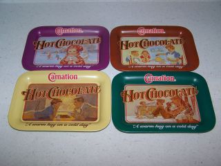 Set Of 4 Carnation Hot Chocolate Tin Advertising Tray - A Warm Hug On A Cold Day