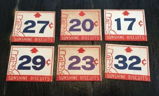 6 Vintage Cardboard Sunshine Biscuits Store Price Tags