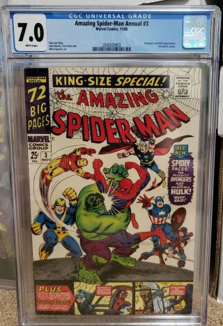 Spiderman Annual 3 Cgc 7.  0,  White Pages Avengers Appearance Hulk L@@k